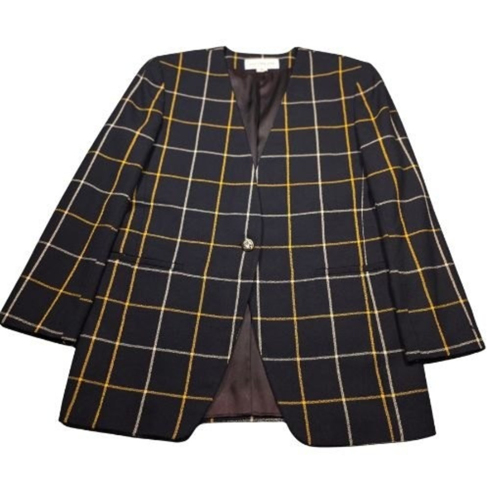Evan-Picone Size 10 Vintage Navy Windowpane Plaid Collarless 100% Wool Blazer